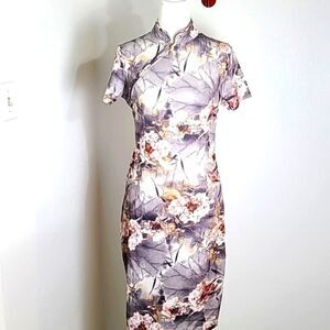Oxiuly Fashion Gray Dress, White w/Pink Flowers, Zipper Neck to Side, Size Small